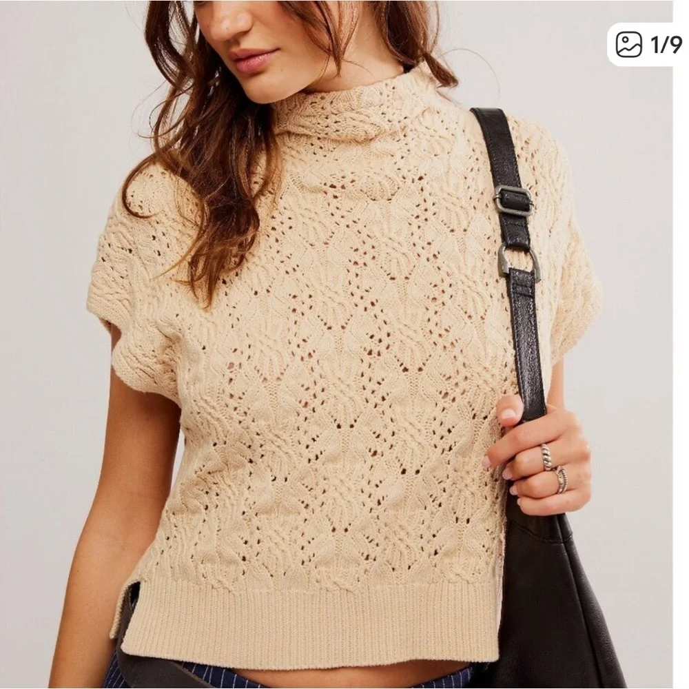 Free People Vickie Mock Neck Cable Stitch  Sweater - Cream XS